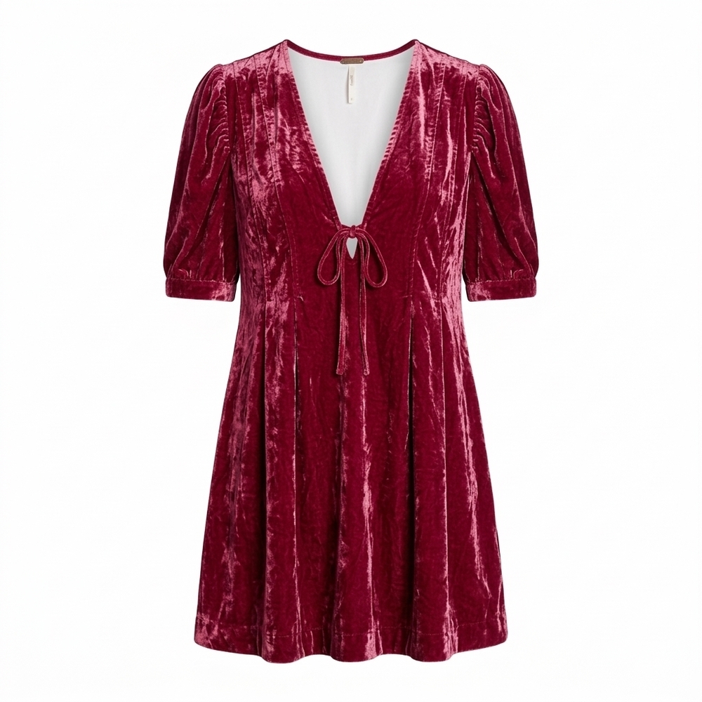 Free People Velvet Tunic V-Neck Short Puff Sleeve Mini Dress Size L
